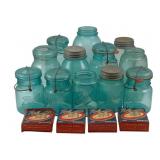 Assorted Blue Glass Mason Jars w/ Extra Lids