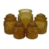 5 Amber Glass Canister Set - missing one lid