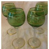 4 Green/Gold Etched Glasses - 7" Tall
