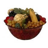 Red Glass Bowl w/ Faux Fruit 8.5"x13"