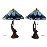 Pr Stained Glass Peacock Table Lamps 27"