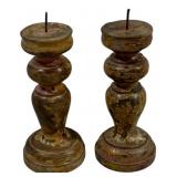 Pair Wood Candleholders 7" Tall