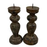 Pair Wood Candleholders 7" Tall