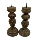 Pair Wood Candleholders 7"