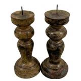 Pair Wood Candleholders 7"