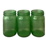 3 Green Glass Ball Mason Jars - 7" Tall