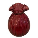 Vintage Cranberry Art Glass Ruffled Rib Bag Vase