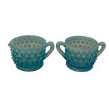 Vtg Fenton Blue Opalescent Hobnail Cream/Sugar