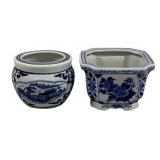 2 Blue/White Planters - 4" Tall