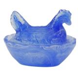 Miniature Blue Glass Hen on Nest 2"x2.5"x2"