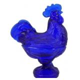 Cobalt Glass Rooster Covered Dish 9"