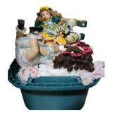 Large Tote Overflowing with Porcelain Dolls & More