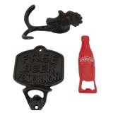 3 Cast Iron Items with Coca-Cola Opener