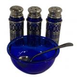 4 Cobalt Blue Glass Silverplated Items