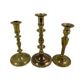 3 Brass Candleholders 7.5"-9"