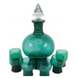 Green Glass Decanter w/ 6 Glasses Set 10"