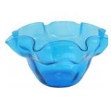 Vtg Blenko Blue Blown Glass Ruffle Bowl