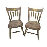 Pair Early Stenciled Plank Chairs 33"x16"x20"