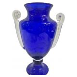 Blue Handled Troplhy Glass Vase - 13.5" Tall