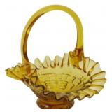 Vtg Amber Glass Basket Ruffled Edge 6.5x4.5