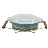 Vtg Pyrex Blue Rose Covered Dish w/ Holder