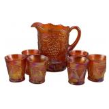 Carnival Glass Pitcher & 6 Tumblers