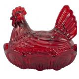 Red Glass Large Hen on Nest 6"x6"x5"