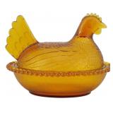 Vtg Indiana Amber Glass Hen on Nest Dish