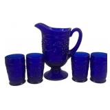 Blue Glass Pitcher and 4 Tumblers