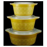 Vtg Pyrex 3 Pc Mustard Autumn Floral Bowls