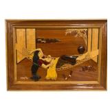 Vintage Signed Wood Inlay Marquetry Wall Art