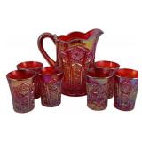 Carnival Glass Pitcher & 6 Tumblers