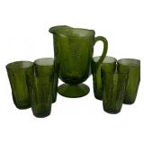Green Glass Pitcher & 6 Tumblers
