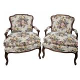 Pr French Upholstered Open Arm Chairs