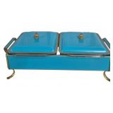 Fire King Teal Double Chafing Dish w/ Stand
