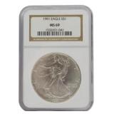 1991 Silver Eagle Dollar Graded MS69 NGC