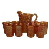 Carnival Glass Pitcher & 8 Tumblers