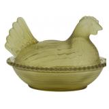 Olive Glass Hen on Nest Covered Dish