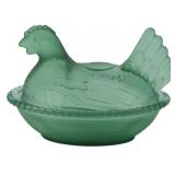 Green Frosted Glass Hen on Nest Covered Dish
