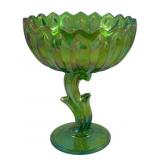 Green Carnival Glass Compote - 7.5 x 6