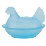 Blue Glass Hen on Nest Covered Dish