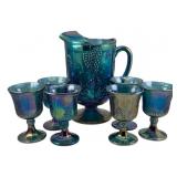 Carnival Glass Pitcher & 6 Goblets
