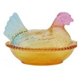 Tri Color Glass Hen on Nest Covered Dish