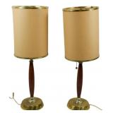 Pr Mid-Century Modern Walnut & Brass Lamps