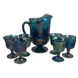 Carnival Glass Pitcher & 6 Goblets