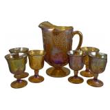 Carnival Glass Pitcher & 6 Goblets