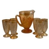 Carnival Glass Pitcher & 6 Glasses