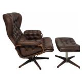 Mobler Tufted Leather Swivel Chair & Ottoman