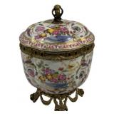 Ceramic Jar w/ Lid & Metal Base - 12.5 x 8 x 8