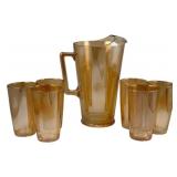 Carnival Glass Pitcher & 6 Tumblers